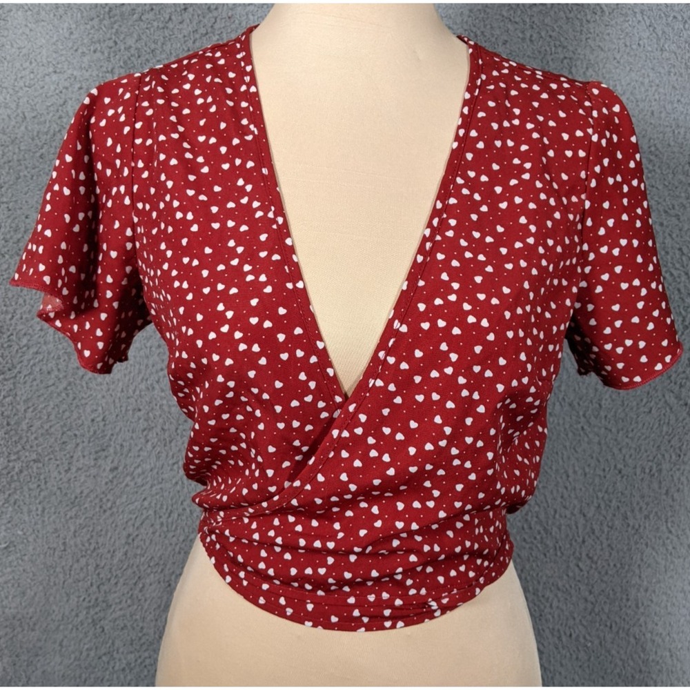 Shein Wrap Blouse Top Women 2 Red Heart Print V Neck Tie Waist Coquette Feminine